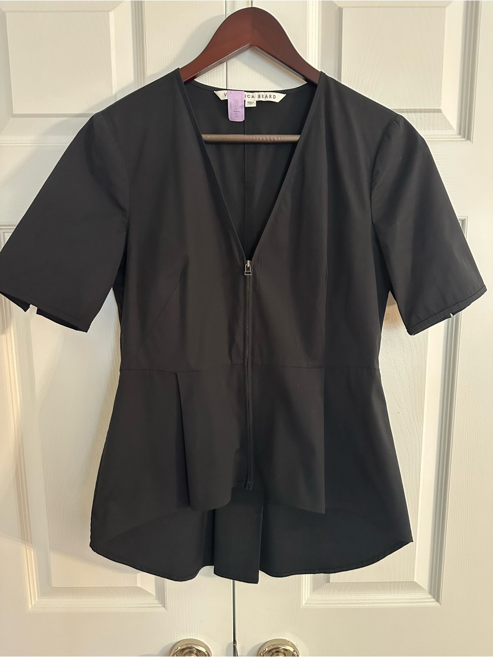 Veronica Beard Black Zip-Front Short Sleeve Peplum Blouse (6)